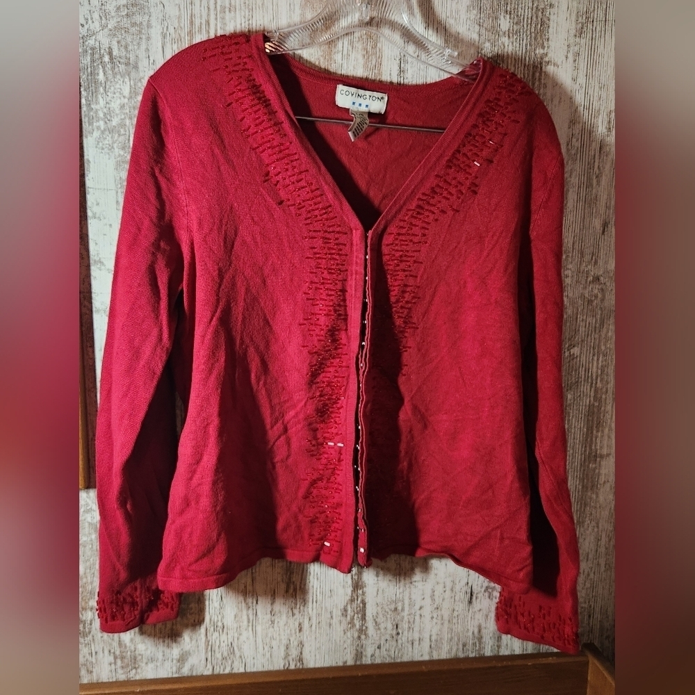 Covington Women's Deep Red Knit Cardigan Bead Accents